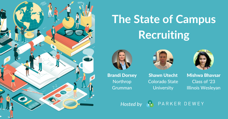 The State of Campus Recruiting webinar graphic with images and job titles of panelists