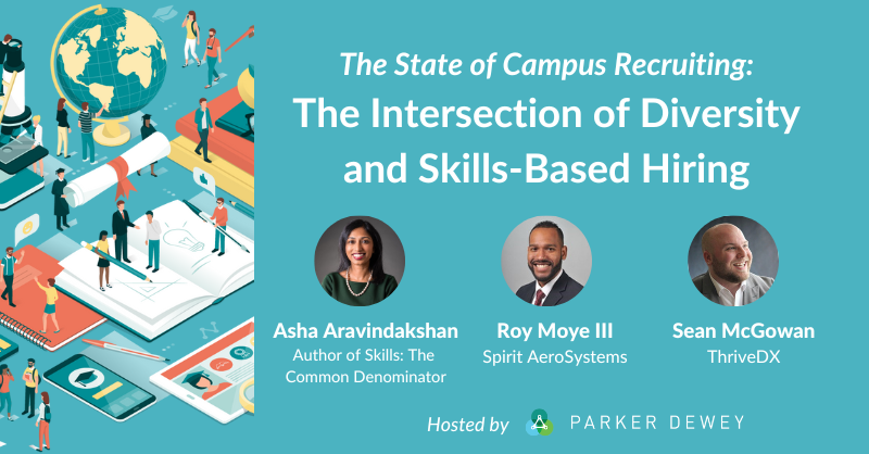 The State of Campus Recruiting: the intersection of diversity and skills-based hiring graphic with headshots and names of panelists on a blue background